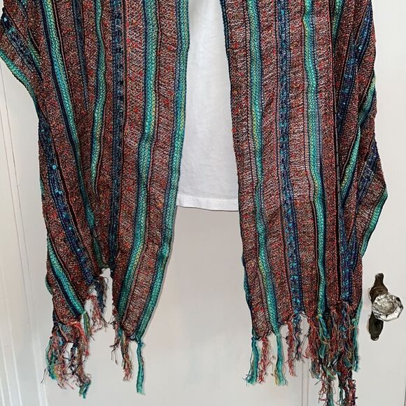 Boho multi colored metallic thread stripe large scarf or wrap with fringe - Picture 3 of 6